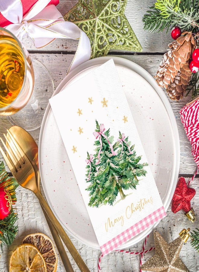 وولاين مجموعة مناديل ضيوف عيد الميلاد من والين، 100 قطعة، مزينة بفيونكة وردية وشجرة عيد الميلاد، مناديل ورقية للاستخدام مرة واحدة، مزينة برقائق ذهبية وندفة ثلج، مثالية لحفلات العشاء. - Image 3